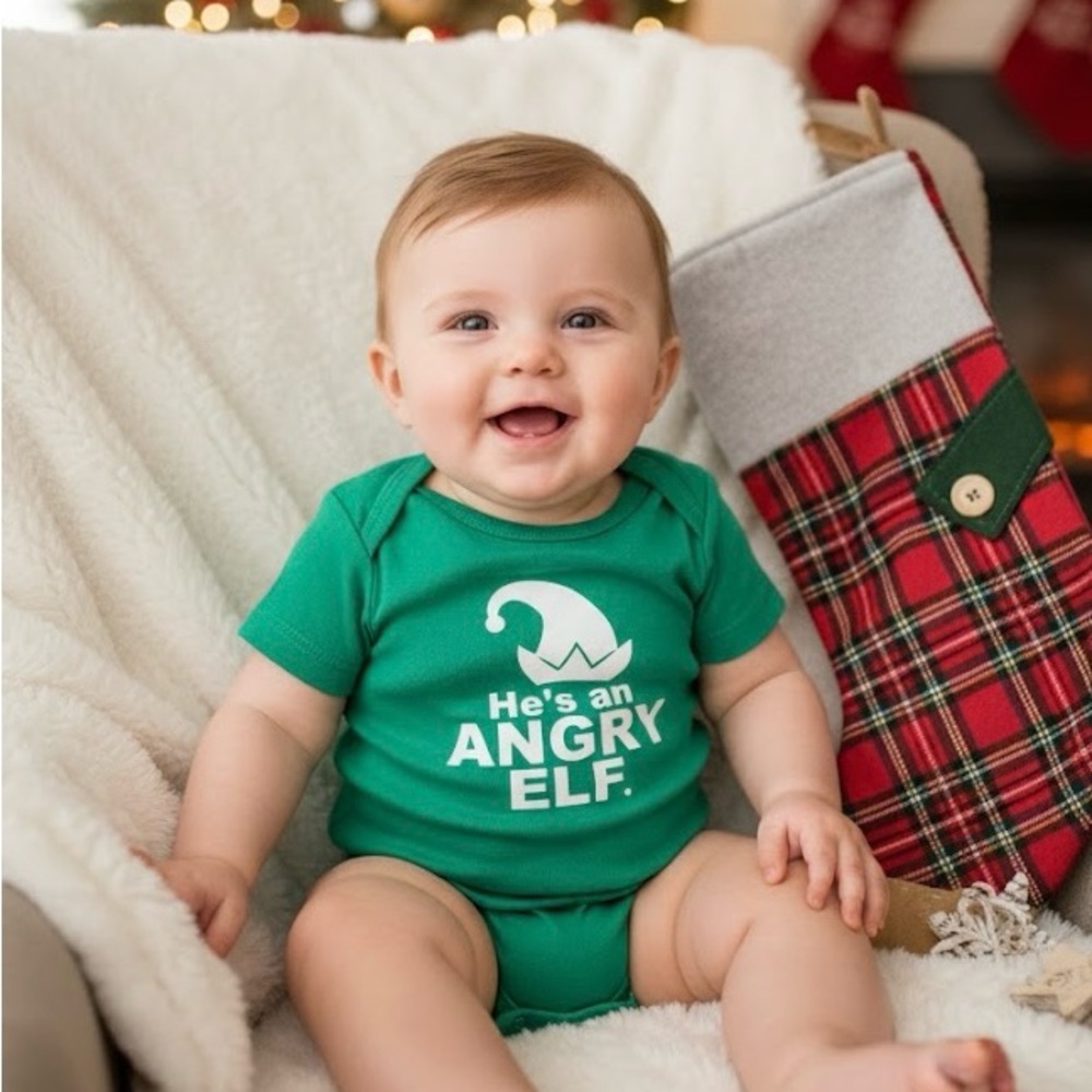 NWOT Green “He’s an Angry Elf” Baby Onesie